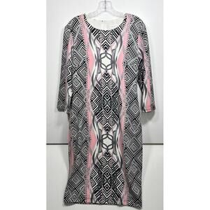 Bisou Bisou Pink Black Shift Dress Size 12 Knee Length Long Sleeve